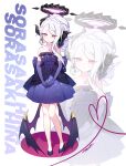  1girl apple_caramel black_horns blue_archive blush closed_mouth demon_horns demon_wings dress elbow_gloves full_body gloves grey_hair halo heart heart_of_string highres hina_(blue_archive) hina_(dress)_(blue_archive) horns long_hair looking_at_viewer multiple_horns official_alternate_costume purple_dress purple_eyes purple_gloves smile solo wings zoom_layer 