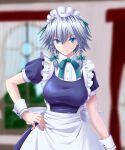  1girl apron back_bow blue_dress blue_eyes bow bowtie braid dress frilled_apron frills green_bow green_bowtie grey_hair hair_bow hand_on_own_hip highres indoors izayoi_sakuya maid_apron maid_headdress medium_hair puffy_short_sleeves puffy_sleeves short_sleeves solo touhou twin_braids vision_(artist) waist_apron white_apron white_bow wrist_cuffs 