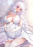  1girl absurdres ahoge azur_lane blue_eyes blush breasts bridal_veil closed_mouth elbow_gloves gloves highres illustrious_(azur_lane) illustrious_(morning_star_of_love_and_hope)_(azur_lane) large_breasts long_hair looking_at_viewer on_bed origami_aya pregnant solo thighhighs tiara veil white_hair white_thighhighs 