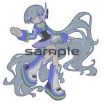  1girl aiobahn android blunt_bangs boots circle_skirt closed_mouth dress expressionless full_body grey_hair ha4to jacket joints knee_boots long_hair long_sleeves looking_to_the_side lowres purple_jacket robot_joints sample_watermark solo standing very_long_hair watermark white_background 