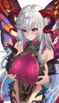  1girl absurdres bare_shoulders blue_hair blush breasts butterfly_wings chiyu1182 commission cosplay cowboy_shot curled_horns embarrassed fairy fairy_wings fire_emblem fire_emblem_heroes freyja_(fire_emblem) goat_horns grabbing_own_breast grey_hair highres horns huge_breasts insect_wings long_hair mature_female multicolored_hair multicolored_leotard plant plumeria_(fire_emblem) plumeria_(fire_emblem)_(cosplay) red_eyes red_horns solo thorns two-tone_leotard vines white_background white_hair wings 
