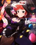  bow bowtie breasts card confetti gloves happy_new_year hat idolmaster idolmaster_million_live! looking_at_viewer medium_breasts new_year nonohara_akane official_art pantyhose playing_card red_eyes red_hair short_hair solo top_hat white_gloves 