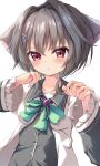  1girl 9-nine- absurdres animal_ears black_hair black_shirt blush bow cat_ears commentary eyelashes frilled_sleeves frills green_bow hair_between_eyes hair_intakes hair_ornament hairclip hands_up highres kemonomimi_mode long_sleeves looking_at_viewer parted_lips paw_pose red_eyes school_uniform shirt short_hair_with_long_locks simple_background solo tatika714 upper_body v-shaped_eyebrows white_background wide_sleeves wing_collar yuuki_noa 