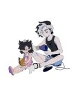  1boy 1girl aged_down bare_arms black_footwear black_hair black_shirt brother_and_sister closed_mouth collarbone drying drying_hair grey_shorts hair_dryer highres holding holding_hair_dryer marnie_(pokemon) molymes morpeko morpeko_(full) multicolored_hair piers_(pokemon) pink_footwear pokemon pokemon_swsh sandals shirt shorts siblings sitting slippers two-tone_hair white_background 