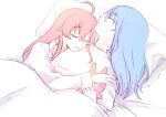  2girls ahoge bed_sheet blue_hair closed_eyes collared_shirt highres hololive hoshimachi_suisei long_hair long_sleeves lying multiple_girls on_bed open_mouth pillow pink_hair sakura_miko shirt sleeping stuffed_animal stuffed_toy under_covers upper_body virtual_youtuber white_shirt yumi5469 yuri 