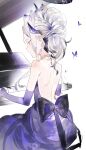 1girl backless_dress backless_outfit blue_archive dress elbow_gloves gloves grey_hair highres hina_(blue_archive) hina_(dress)_(blue_archive) instrument long_hair music official_alternate_costume official_alternate_hairstyle piano playing_instrument purple_dress purple_eyes purple_gloves simple_background solo tsukiiro white_background 
