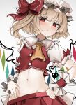  1girl :t absurdres ascot blonde_hair blush collar collared_shirt commentary crystal_wings english_commentary flandre_scarlet frilled_collar frilled_headwear frilled_sleeves frilled_wrist_cuffs frills hands_on_own_hips hat hat_ribbon highres long_hair looking_at_viewer midriff mob_cap navel ougiikun pleated_skirt pout red_eyes red_skirt red_vest ribbon shirt short_sleeves side_ponytail simple_background skirt solo touhou upper_body vest white_background white_headwear white_shirt wrist_cuffs yellow_ascot 
