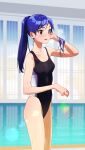  1girl black_one-piece_swimsuit blue_hair breasts brown_eyes competition_swimsuit cowboy_shot highres idolmaster idolmaster_million_live! kisaragi_chihaya long_hair omitsu one-piece_swimsuit ponytail small_breasts solo standing swimsuit two-tone_swimsuit 