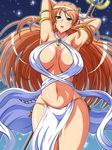  aokura_shou armlet armpits arms_up breasts brown_hair green_eyes highres large_breasts long_hair looking_at_viewer navel original parted_lips solo staff wide_hips 
