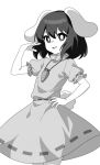  1girl animal_ears bright_pupils carrot_necklace cowboy_shot dress floppy_ears greyscale hair_between_eyes hand_up inaba_tewi jewelry looking_at_viewer medium_bangs medium_hair monochrome necklace onkn_sxkn open_mouth rabbit_ears rabbit_girl rabbit_tail ribbon-trimmed_dress short_sleeves simple_background smile solo tail touhou 