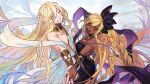  1boy 1girl absurdly_long_hair armlet back_cutout bishounen black_dress black_ribbon blonde_hair blue_eyes bracelet bright_pupils choker clothing_cutout commentary dress expressionless floating_clothes floating_hair granblue_fantasy grin hair_between_eyes helel_ben_sahar_(granblue_fantasy) helel_ben_shalem holding_hands jewelry long_braid long_hair looking_at_viewer neck_ring no_nipples one_eye_closed pacifier rainbow_gradient red_eyes ribbon robe smile very_long_hair wahoosandalphon white_background white_pupils white_robe 