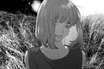  1girl commentary_request dress grass greyscale hair_over_one_eye highres katsuoboshi looking_at_viewer medium_hair monochrome original outdoors parted_lips sleeveless sleeveless_dress solo upper_body 