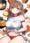  1girl ? absurdres blush breasts brown_eyes brown_hair burger buruma cake candy chips_(food) chocolate chocolate_bar closed_mouth clothes_lift commentary_request food fruit gym_shirt gym_uniform highres kodama_(sakura_yuki) large_breasts lifted_by_self long_hair looking_at_viewer navel noodles original pizza pizza_slice plump ramen red_buruma revision sakura_yuki_(clochette) shirt shirt_lift short_sleeves sitting solo strawberry thighs white_background white_shirt 