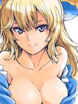  awilda_(p&amp;d) bare_shoulders blonde_hair blue_eyes breasts cleavage collarbone hat ishiyumi large_breasts long_hair mole mole_under_eye off_shoulder pirate_hat puzzle_&amp;_dragons smile solo 