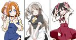  :d ;d \m/ apron black_hair blue_eyes bow double_\m/ hair_bow highres juutora kousaka_honoka long_hair looking_at_viewer love_live! love_live!_school_idol_project maid maid_headdress minami_kotori multiple_girls nico_nico_nii off_shoulder one_eye_closed one_side_up open_mouth orange_hair pinstripe_pattern red_eyes skirt smile striped suspenders tray twintails waist_apron yazawa_nico yellow_eyes 