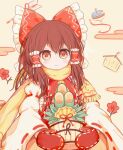  1girl arrow_(projectile) ascot bow brown_hair commentary_request egasumi flower frilled_bow frilled_hair_tubes frills hair_bow hair_tubes hakurei_reimu highres light_blush long_hair looking_at_viewer mittens open_mouth red_bow red_flower red_mittens ribbon-trimmed_sleeves ribbon_trim ro.ro scarf solo spinning_top touhou yellow_eyes yellow_scarf 
