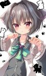  1girl 9-nine- absurdres animal_ears animal_print black_hair black_shirt blush bow cat_ears cat_print commentary eyelashes frilled_sleeves frills green_bow hair_between_eyes hair_intakes hair_ornament hairclip hands_up highres kemonomimi_mode long_sleeves looking_at_viewer parted_lips paw_pose paw_print red_eyes school_uniform shirt short_hair_with_long_locks simple_background solo tatika714 upper_body v-shaped_eyebrows white_background wide_sleeves wing_collar yuuki_noa 