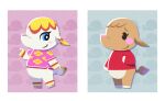  2girls animal_crossing aqua_background blue_eyes blush blush_stickers border closed_mouth commentary_request elephant_girl ellie_(animal_crossing) floral_print furry furry_female hand_up highres kopa_nishikida long_sleeves looking_at_viewer margie_(animal_crossing) multiple_girls pink_background pink_shirt print_shirt red_sweater shirt short_sleeves simple_background smile smirk sweater t-shirt white_border 