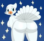 2018 anthro avian beak big_butt bird blue_background blue_eyes breasts butt columbid domestic_pigeon fancy_pigeon fantail_pigeon feathers female looking_back nude nyxiettenyxstar orange_beak pigeon side_boob simple_background snow_(nyxiette) solo star white_body white_feathers