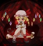  ascot blonde_hair blush bone curtains dress flandre_scarlet hat hat_ribbon highres kagura_una knees_together_feet_apart laevatein looking_at_viewer mob_cap panties pantyshot pantyshot_(sitting) red_dress red_eyes ribbon side_ponytail sitting solo striped striped_panties touhou underwear wings 