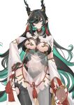  1girl black_hair black_thighhighs breast_cutout breasts cleavage cleavage_cutout clothing_cutout colored_inner_hair detached_sleeves dragon_horns draph dress granblue_fantasy green_hair groin hair_ornament highres horns large_breasts long_hair mole mole_under_mouth mugen_kageno multicolored_eyes multicolored_hair navel navel_cutout payila_(granblue_fantasy) pelvic_curtain red_eyes see-through see-through_dress solo stomach_cutout tassel tassel_hair_ornament thighhighs tuanshan two-tone_hair very_long_hair 