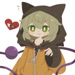  1girl :3 adapted_costume alternate_costume animal_ears animal_hood arm_at_side black_eyes black_hood black_shirt blush bright_pupils closed_eyes closed_mouth fake_animal_ears film_grain green_eyes green_hair hair_between_eyes hand_up heart hood hood_up hooded_jacket hoodie jacket komeiji_koishi long_sleeves looking_at_another medium_hair no_lineart no_sclera notice_lines partially_unzipped shirt simple_background sleeveless sleeves_past_fingers sleeves_past_wrists smile solo third_eye touhou upper_body white_background white_pupils wide_sleeves yellow_hoodie yellow_jacket zipper zipper_pull_tab zunusama 