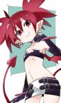  1girl absurdres bat_wings choker closed_mouth demon_girl demon_tail demon_wings disgaea earrings elbow_gloves etna_(disgaea) flat_chest gloves highres jewelry looking_at_viewer makai_senki_disgaea navel pointy_ears red_eyes red_hair simple_background skirt skull_earrings smile solo tail twintails white_background wings 