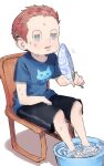  1boy alternate_costume animal_print barefoot black_shorts blue_eyes blue_shirt blue_sleeves brown_hair buckle cat_print chair commentary_request danganronpa_(series) danganronpa_v3:_killing_harmony fanning_self frown full_body half-closed_eyes hand_fan hand_on_lap holding holding_fan hoshi_ryoma hot ice ice_cube kogarashi_8 looking_ahead male_focus messy_hair motion_lines open_mouth partial_commentary shadow shirt short_hair short_sleeves shorts simple_background sitting soaking_feet solo sweat t-shirt tuanshan very_short_hair white_background 
