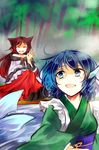  animal_ears blue_eyes blue_hair brooch brown_hair closed_eyes commentary curly_hair dress fog imaizumi_kagerou japanese_clothes jewelry kimono kutsuki_kai lake long_hair long_sleeves looking_back mermaid monster_girl multiple_girls obi off_shoulder open_mouth red_dress sash smile squatting touhou tree wakasagihime water waving wide_sleeves wolf_ears 