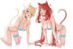  2girls :o absurdres all_fours animal_ear_fluff animal_ears arm_support bare_shoulders bikini black_choker blonde_hair blue_bikini blunt_bangs blush bow bow_bikini bracelet breasts bridal_garter cat_ears cat_tail choker claw_pose cleavage commentary_request dokimaru fang fangs flower frilled_bikini frills front-tie_top full_body genshin_impact hair_between_eyes hair_flower hair_ornament halterneck highres in_heat jewelry kemonomimi_mode kneeling large_breasts long_hair looking_ahead looking_at_viewer low_twintails lumine_(genshin_impact) multi-strapped_bikini_bottom multiple_girls nilou_(genshin_impact) open_mouth paw_print paw_print_background red_eyes reflective_floor reflective_surface short_hair short_hair_with_long_locks side-tie_bikini_bottom sidelocks simple_background string_bikini swimsuit tail tail_raised teeth thigh_strap twintails twitter_username white_background white_flower yellow_eyes 