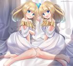  2girls arm_behind_head bare_legs bare_shoulders barefoot blonde_hair blue_eyes braid breasts dress eyebrows_hidden_by_hair feet hair_between_eyes hand_on_own_hip helvetica_std highres legs light_blush medium_hair multiple_girls on_bed open_mouth runa_(beast_tamer) siblings sitting small_breasts sora_(beast_tamer) strapless strapless_dress teeth toenails toes twins upper_teeth_only white_dress yokozuwari yuusha_party_wo_tsuihou_sareta_beast_tamer_saikyoushu_no_nekomimi_shoujo_to_deau 