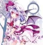  ascot bad_id bad_pixiv_id bat_wings blue_hair blush brooch clock closed_umbrella dress hat hat_ribbon jewelry looking_at_viewer mikazuki_sara mob_cap open_mouth planted_umbrella red_eyes remilia_scarlet ribbon sash scarlet_devil_mansion solo thigh_ribbon touhou tree tsurime umbrella wings wrist_cuffs 