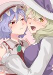  2girls annoyed ascot blonde_hair blue_hair breasts cheek-to-cheek hat heads_together highres jewelry long_sleeves looking_at_viewer medium_breasts medium_hair mob_cap multiple_girls one_eye_closed open_mouth red_ascot red_eyes remilia_scarlet ribbon short_hair short_sleeves smile sobayu_to_tenpura touhou watatsuki_no_toyohime white_headwear yellow_eyes 