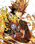  1boy brown_hair english_commentary fingerless_gloves fire gloves highres jacket katekyo_hitman_reborn! large_hands looking_at_viewer male_focus orange_eyes sawada_tsunayoshi short_hair simple_background solo that_one_panda upper_body wristband 