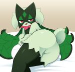 2023 ambiguous_gender anthro black_claws butt claws featureless_crotch finger_claws fur generation_9_pokemon green_body green_butt green_fur green_tail hi_res inside iris looking_at_viewer meowscarada nintendo open_mouth pokemon pokemon_(species) pose pupils smile solo sum tail teasing tongue