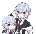  2girls arm_behind_head arm_up black_jacket blush closed_mouth collared_shirt cup double_v dual_persona gloves grey_hair hair_between_eyes hair_ornament hairclip hakase_fuyuki hands_up holding holding_cup jacket looking_at_viewer mug multiple_girls necktie nijisanji nozo_(hitomiz) off_shoulder open_clothes open_jacket parted_lips red_eyes red_necktie shirt simple_background v virtual_youtuber white_background white_gloves white_jacket white_shirt 