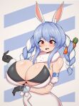 absurd_res accessory alternate_breast_size animal_humanoid arm_under_breasts big_breasts blue_hair blush blush_lines bra braided_hair braided_pigtails breasts buckteeth carrot cleavage clothed clothing female food hair hair_accessory hi_res hololive huge_breasts humanoid lagomorph lagomorph_humanoid leporid_humanoid looking_down mammal mammal_humanoid open_mouth plant rabbit_humanoid red_eyes solo tailzkim teeth under_boob underwear usada_pekora vegetable vtuber white_hair