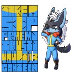 anthro anu_(bear213) bear213 bethesda_softworks black_body black_fur black_tail blue_body blue_fur canid canine chibi fallout fur generation_4_pokemon grey_eyes hair lucario mammal nintendo pokemon pokemon_(species) tail vault_suit white_hair