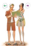  1boy 1girl arrow_(symbol) black_hair blue_shirt commentary_request crossed_arms extra_arms green_hair highres holding holding_map long_hair looking_at_object map nico_robin one_eye_closed one_piece petals piry roronoa_zoro sarong scar scar_across_eye scar_on_leg see-through_sarong shirt short_hair shorts sleeveless sleeveless_shirt sunglasses white_background white_shirt 