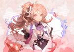  1girl absurdres ahoge animal_ears arknights brown_hair cloud coat eyjafjalla_(arknights) eyjafjalla_the_hvit_aska_(arknights) happyongdal highres horns id_card lab_coat long_sleeves looking_at_viewer messy_hair parted_lips pink_background pink_eyes purple_shirt sheep_ears sheep_girl sheep_horns shirt side_ponytail signature simple_background solo traffic_cone upper_body white_coat 