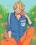  1boy ^_^ bag blonde_hair blue_shirt closed_eyes commentary_request curly_eyebrows food fruit hatch_(8cco) holding holding_food long_sleeves male_focus one_piece orange_pants pants sanji_(one_piece) shirt sitting sky smile solo 