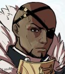  1boy bald basilio_(fire_emblem) black_eyes closed_mouth cm_lynarc dark-skinned_male dark_skin eyepatch facial_hair feather_trim fire_emblem fire_emblem_awakening goatee highres looking_at_viewer male_focus portrait solo 