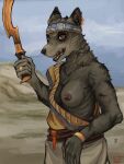animal_humanoid anon2000000 anthro breasts canid canid_humanoid canine canine_ears canine_humanoid canis clothed clothing domestic_dog female hi_res humanoid knife mammal mammal_humanoid melee_weapon mercenary nipple_piercing nipples partially_clothed piercing solo sword weapon
