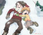  2boys blue_eyes brothers brown_footwear brown_hair brown_pants chackmon coat dated digimon gloves green_gloves happy hat himi_tomoki himi_yutaka jacket lying multiple_boys on_back on_ground open_mouth pants red_coat scarf siblings smile snow snowman t_k_g teeth upper_teeth_only yellow_headwear yellow_jacket 