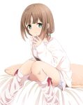  1girl abe_kanari alternate_costume bed breasts brown_hair closed_mouth collarbone commentary_request green_eyes hair_ornament high_school_fleet highres kinesaki_akane looking_at_viewer medium_breasts pajamas simple_background sitting smile socks solo white_background 