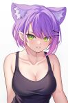  1girl absurdres animal_ear_fluff animal_ears aoi_zerii bare_shoulders blush breasts cat_ears cleavage collarbone ear_piercing gradient_hair green_eyes hair_ornament hairclip highres hololive large_breasts looking_at_viewer multicolored_hair piercing pink_hair purple_hair short_hair streaked_hair swept_bangs teeth tokoyami_towa virtual_youtuber x_hair_ornament 