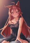  1girl absurdres ahoge animal_ears black_nightgown blush breasts cat_ears cleavage closed_mouth donats eris_greyrat full-face_blush hair_between_eyes highres large_breasts long_hair looking_down motion_lines mushoku_tensei nightgown partially_undressed red_eyes red_hair solo very_long_hair 
