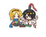  2others androgynous arrow_(symbol) black_eyes black_hair black_headwear black_pants blonde_hair blue_scarf blush_stickers brown_hairband chibi chinese_commentary closed_mouth commentary_request crossed_legs cup detached_sleeves eye_of_senri green_kimono hair_between_eyes hairband hat japanese_clothes jishixingle1029 kariginu kimono len&#039;en medium_hair multicolored_eyes multiple_others no_nose ofuda open_mouth other_focus pants red_sleeves red_trim scarf senri_tsurubami short_hair simple_background sitting tate_eboshi white_background white_sleeves wide_sleeves wooden_cup zuifeng_tenkai 