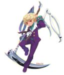  1boy absurdres anini blonde_hair buttons child commission demon_boy disgaea emizel_(disgaea) formal full_body highres holding holding_scythe holding_weapon long_sleeves looking_at_viewer makai_senki_disgaea_4 male_focus pants parted_lips pointy_ears purple_footwear purple_pants red_eyes scythe skeletal_wings weapon white_background wings 