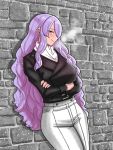 1girl against_wall breasts camilla_(fire_emblem) crossed_arms english_commentary fire_emblem fire_emblem_heroes hair_over_one_eye highres jacket large_breasts long_hair looking_at_viewer mnejing30 parted_bangs purple_eyes purple_hair sidelocks smile solo wavy_hair 
